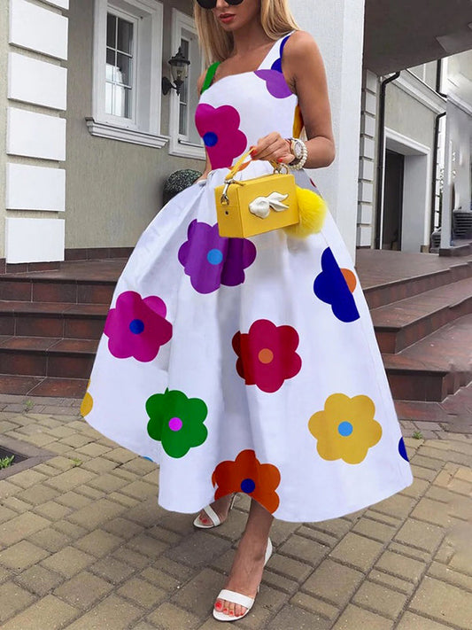 Sleeveless Floral Printed Square-Neck Midi Dresses