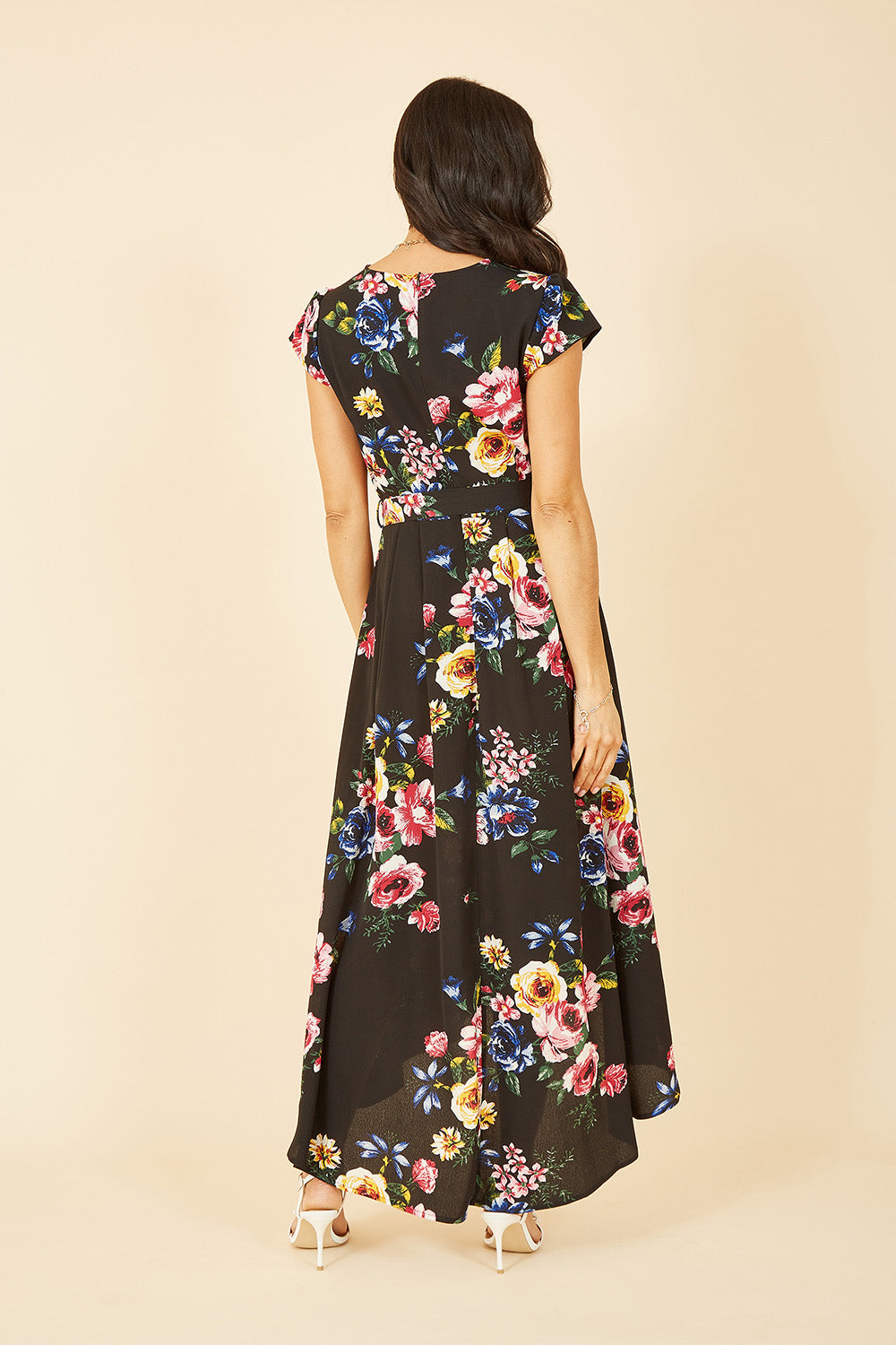 Mela Black Floral Wrap Over Dipped Hem Midi Dress