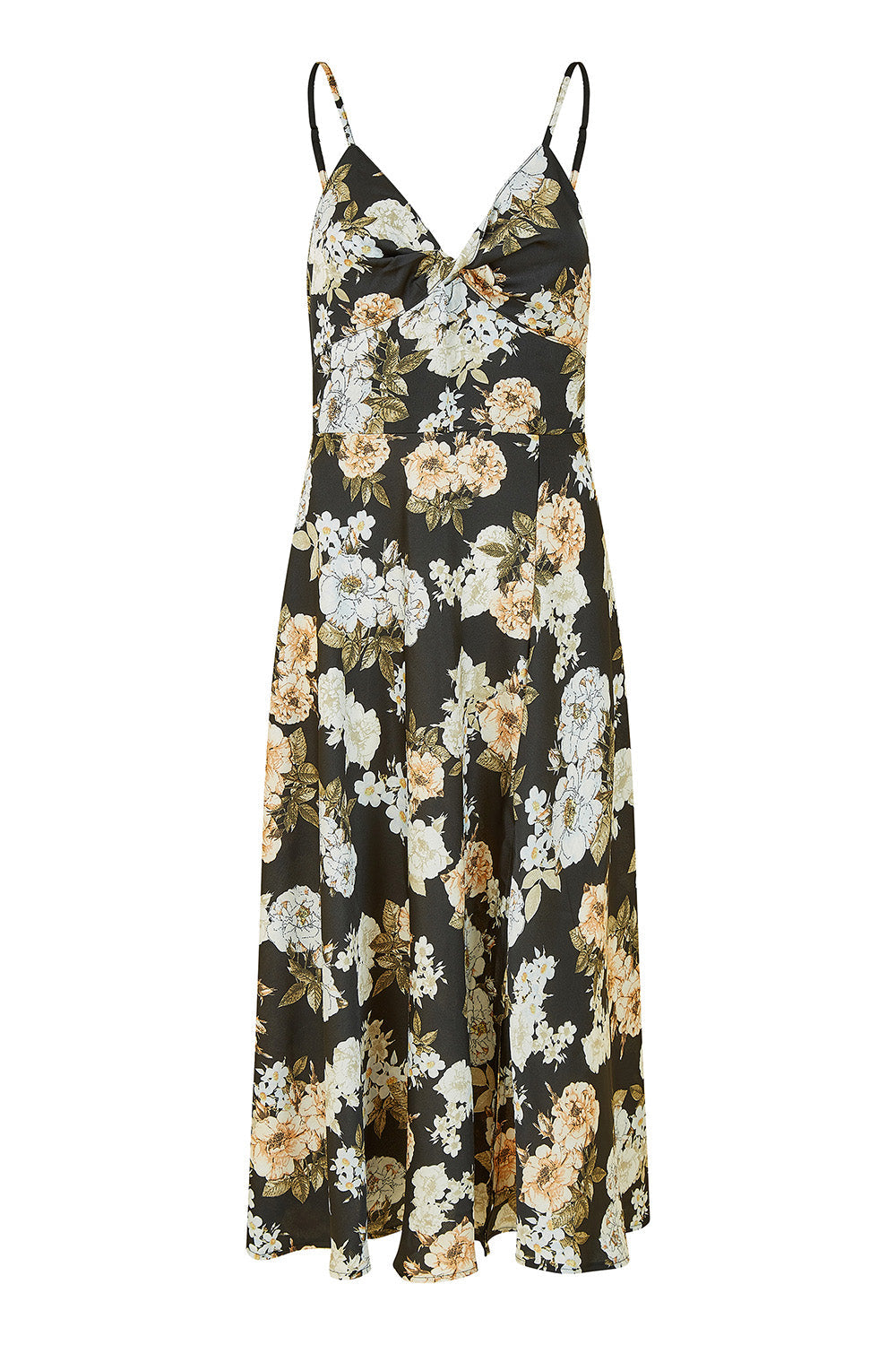 Mela Black Floral Satin Twist Front Midi Dress
