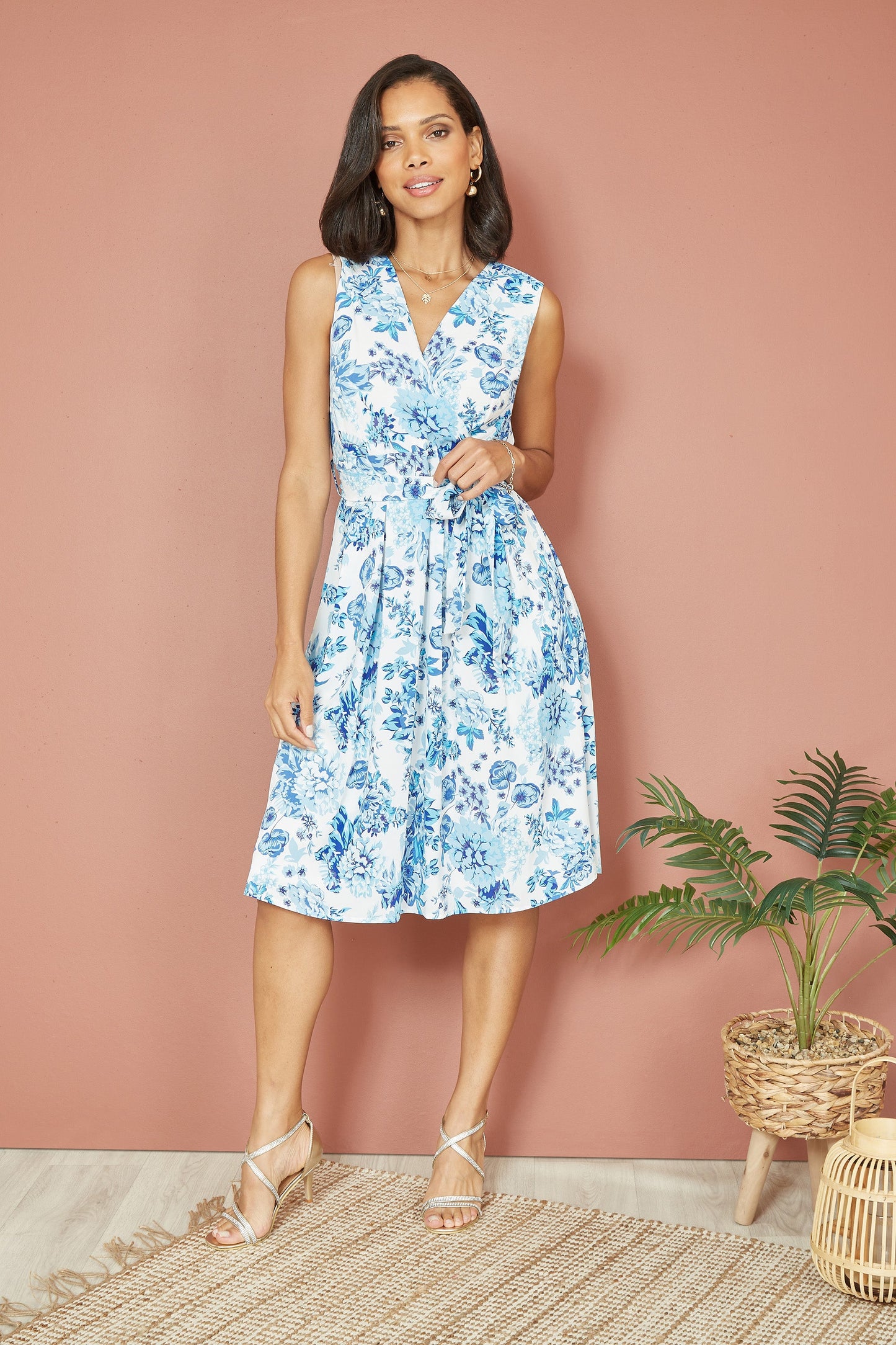 Yumi Blue Floral Wrap Over Skater Dress