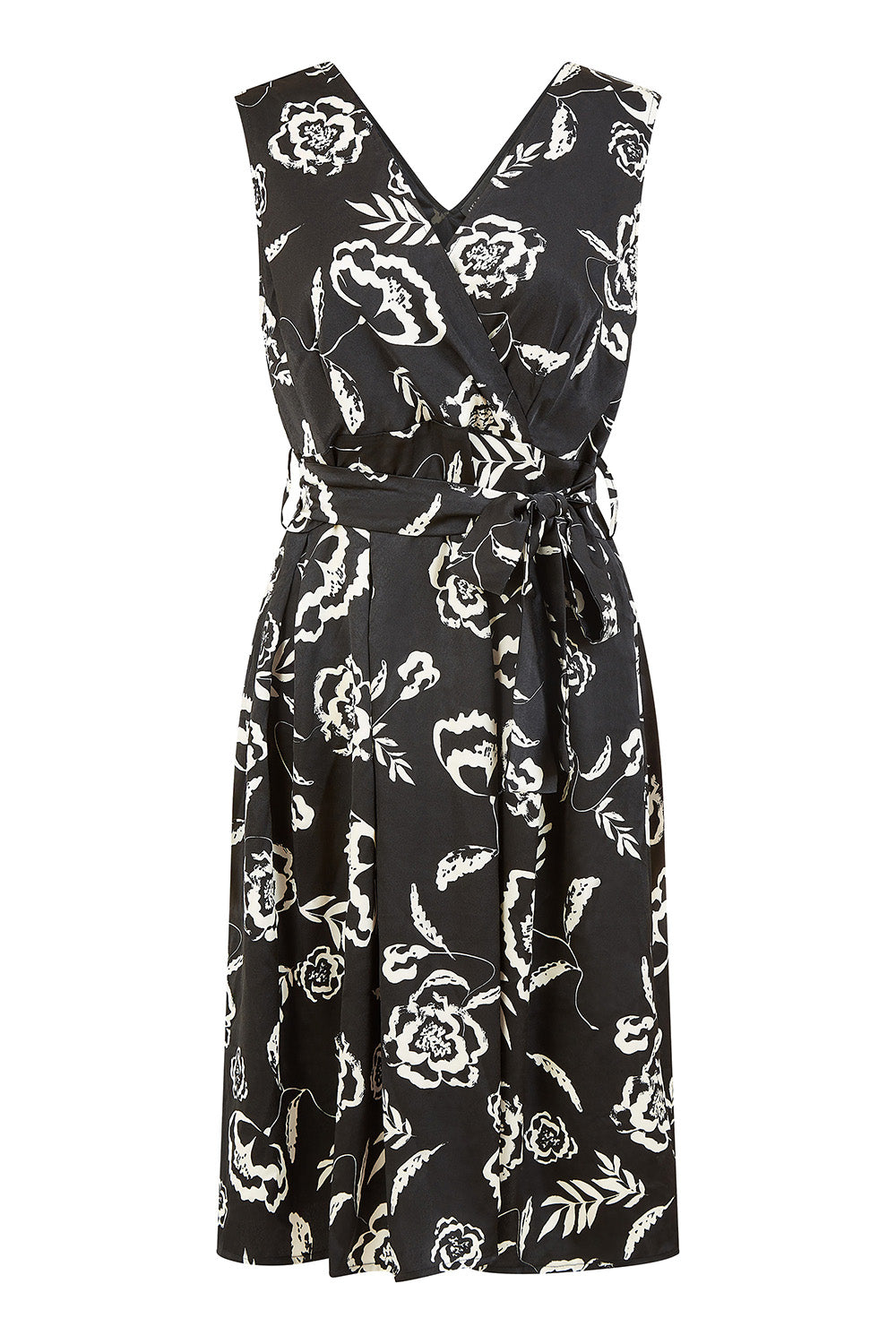 Mela Black Satin Floral Wrap Skater Midi Dress