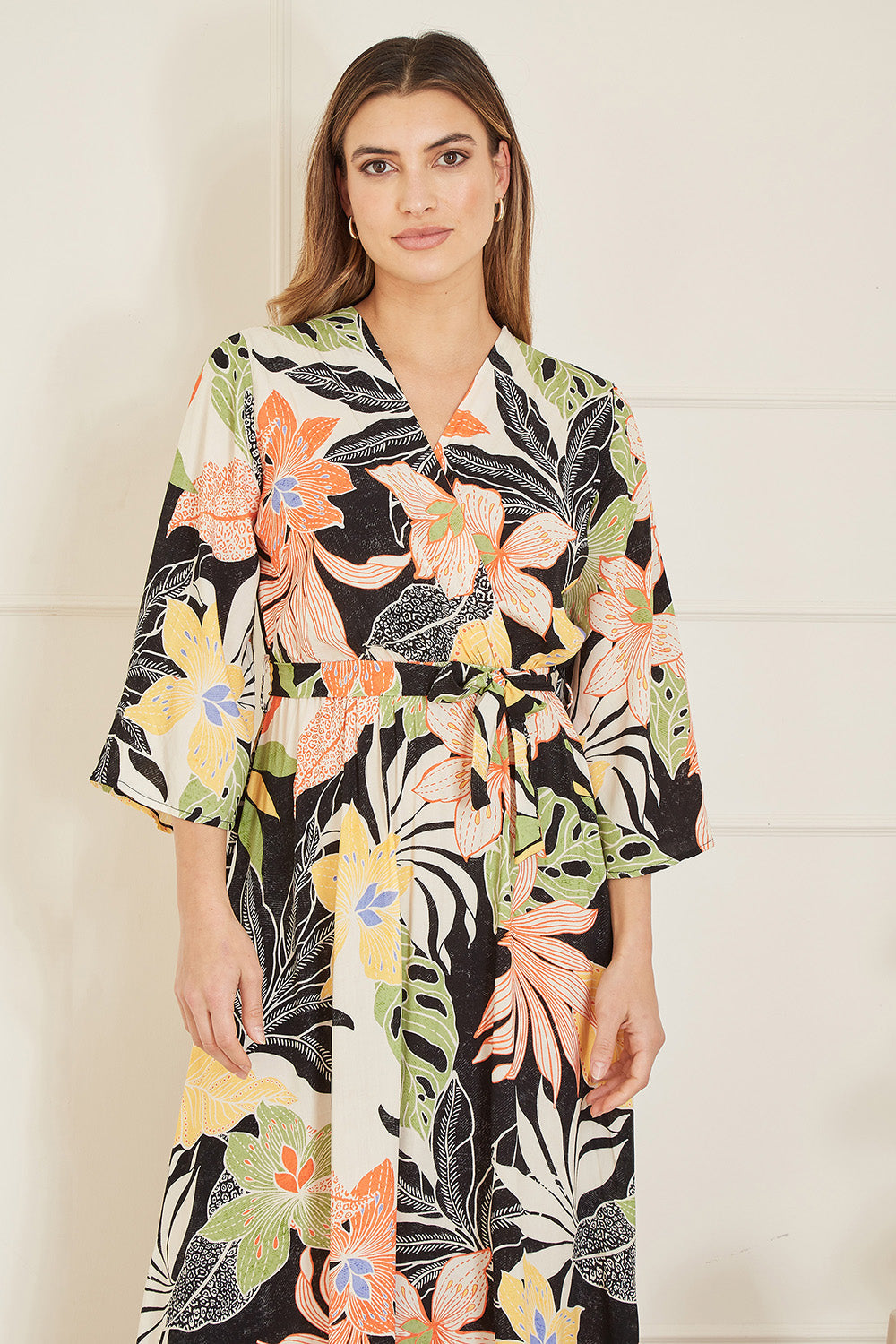 Mela Black Tropical Print Wrap Midi Dress