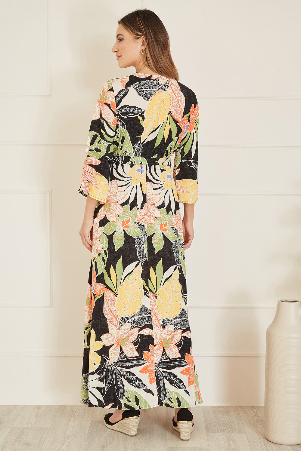 Mela Black Tropical Print Wrap Midi Dress