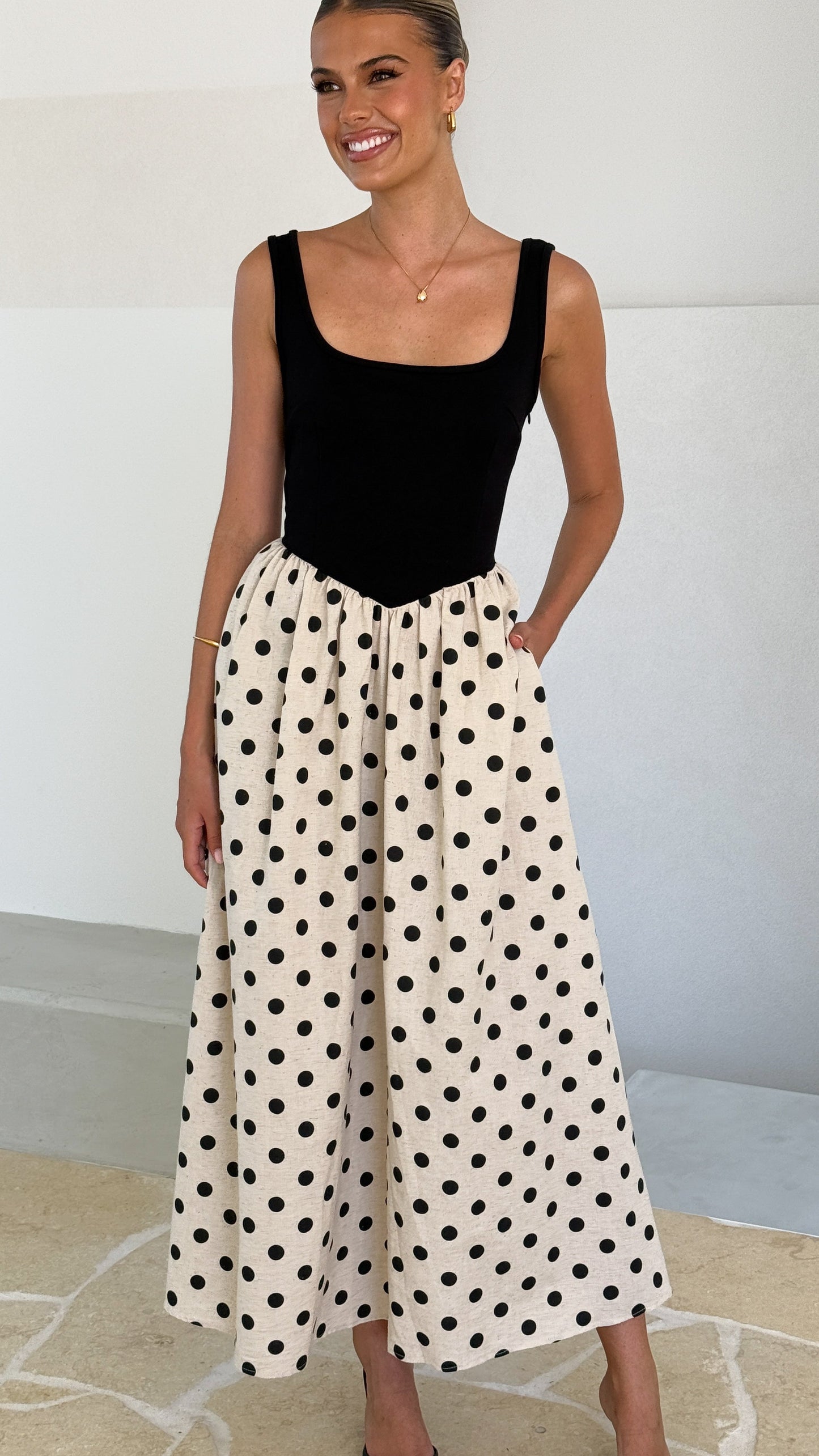 Leoni Maxi Dress - Oat/Black Spot