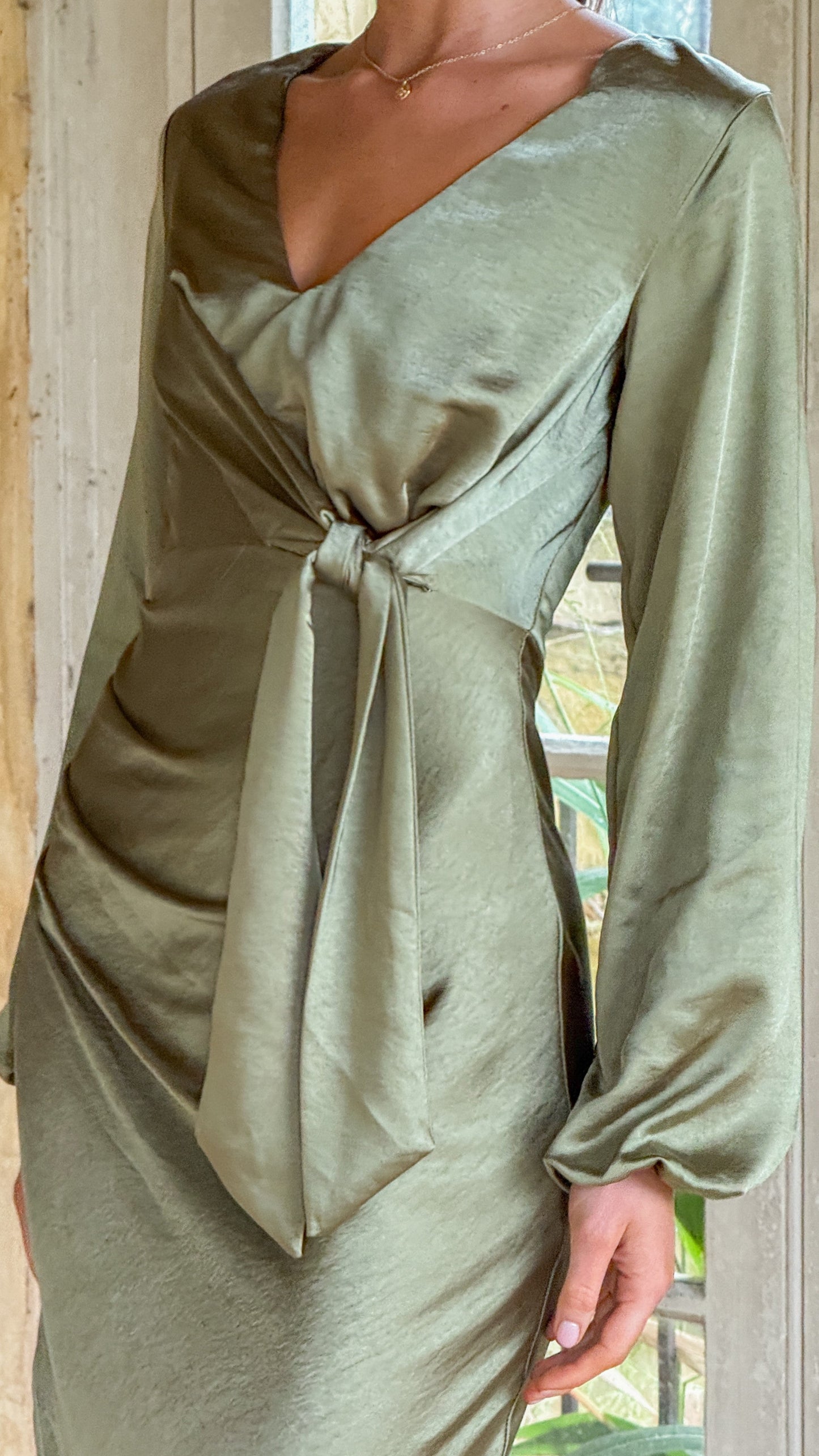 Ivy Long Sleeve Tie Front Maxi Dress - Olive