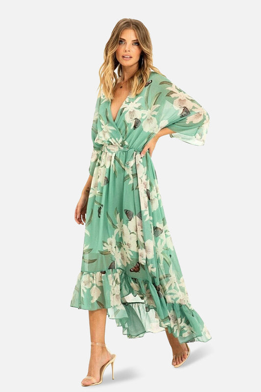Mint Floral Kimono Sleeves Dip Hem Wrap Midi Dress