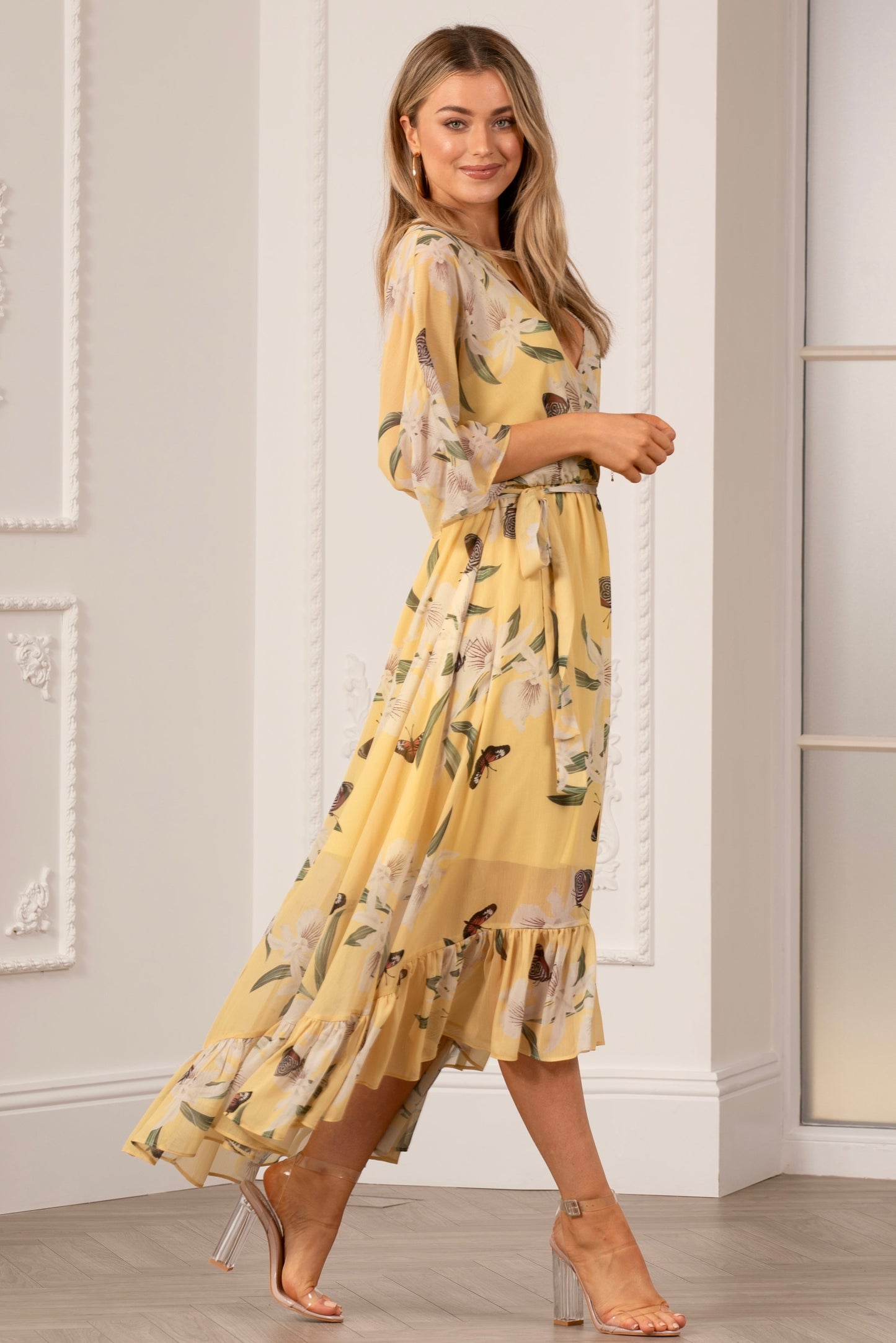 Yellow Floral Kimono Sleeves Dip Hem Wrap Midi Dress