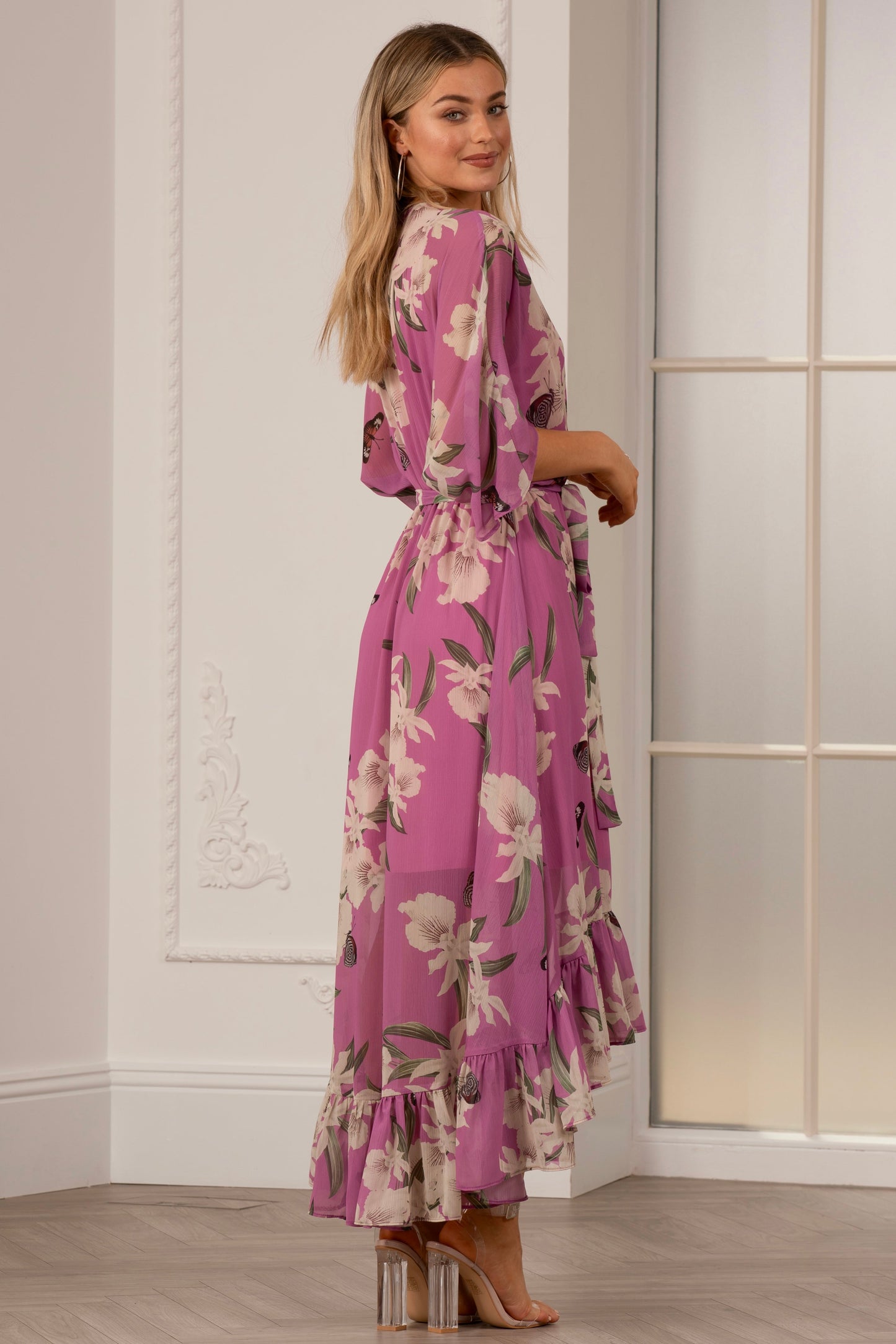 Soft Pink Floral Kimono Sleeves Dip Hem Wrap Midi Dress