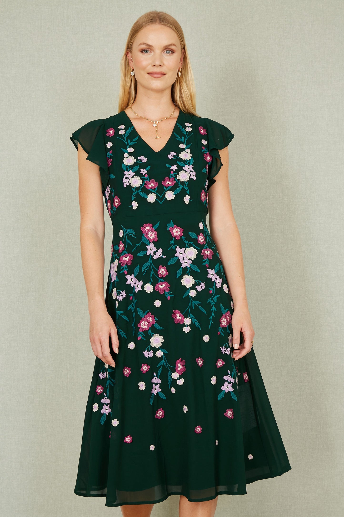 Yumi Green All Over Floral Embroidery Midi Skater Dress