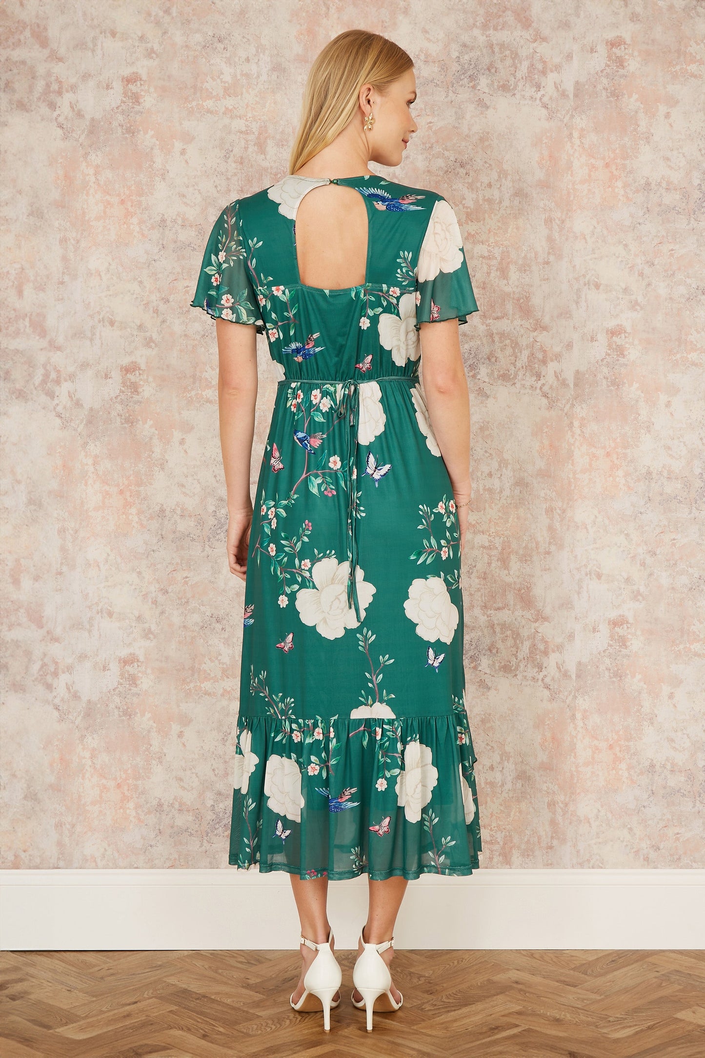 Yumi Green Mesh Bird And Floral Print Midi Dress With Ruffles
