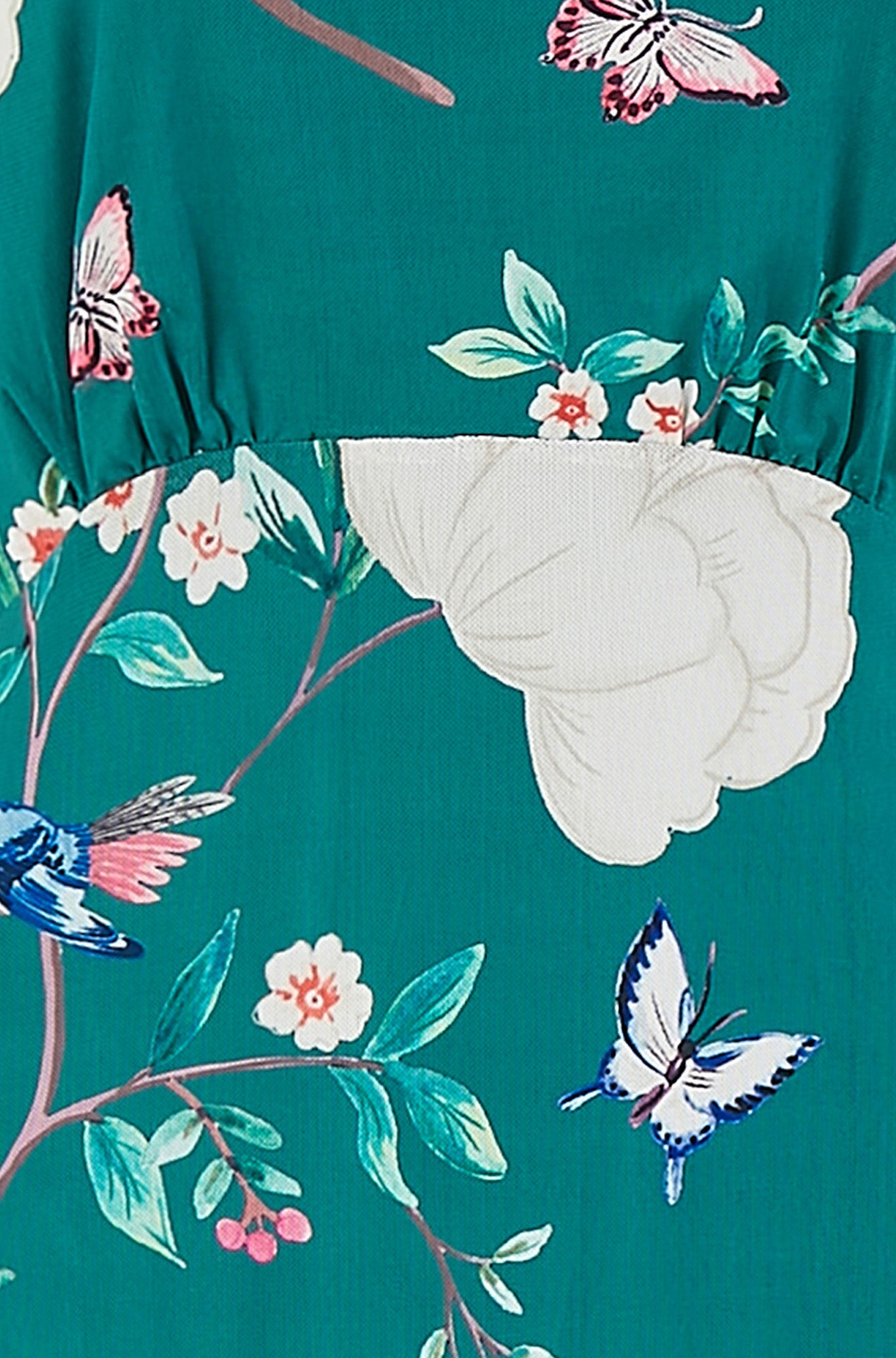 Yumi Green Mesh Bird And Floral Print Midi Dress With Ruffles