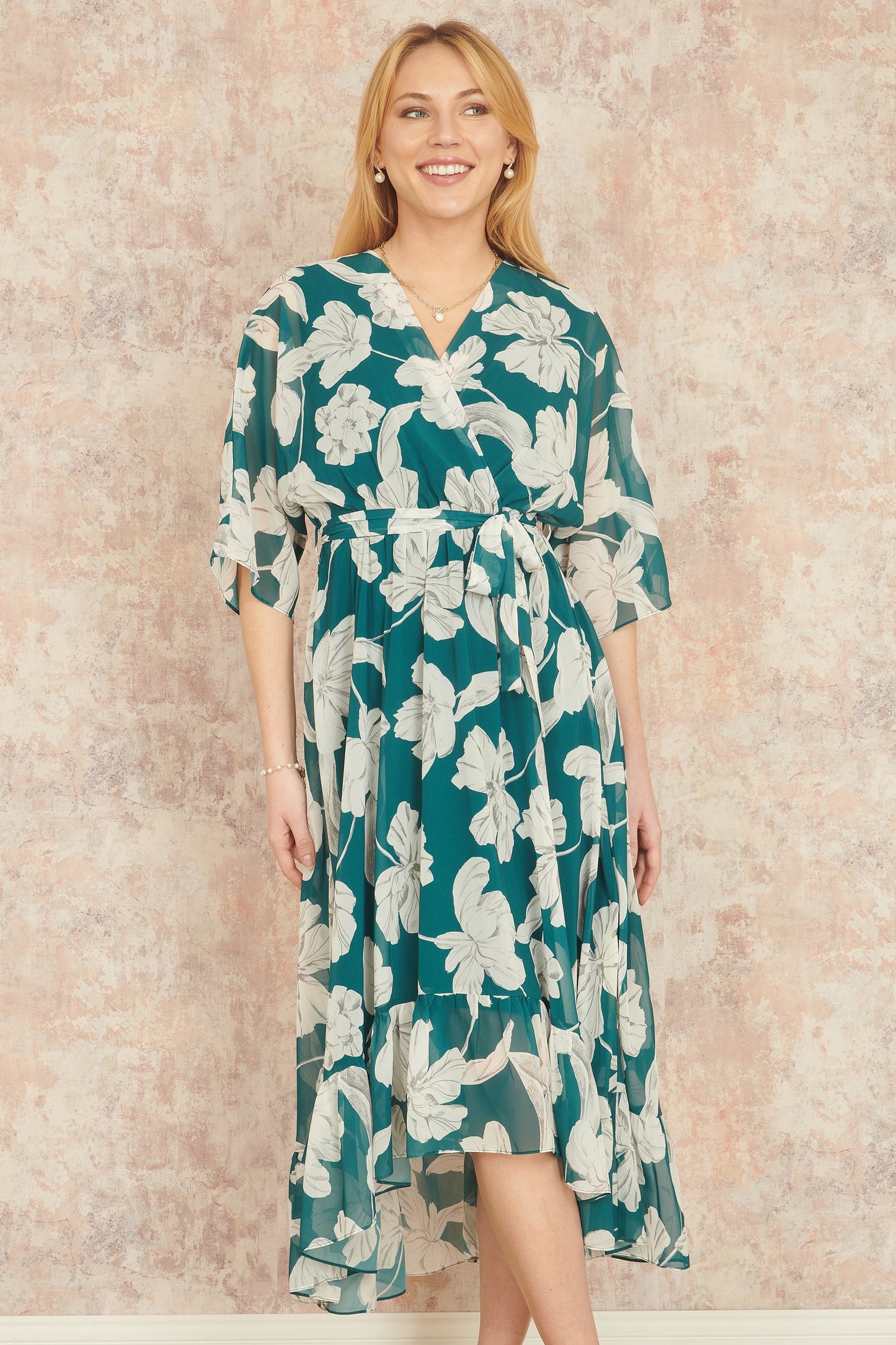 Yumi Green Kimono Sleeves Midi Dip Hem Wrap Midi Dress