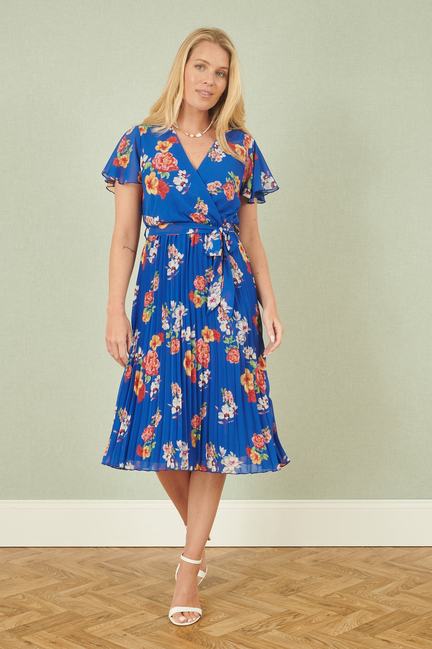 Yumi Blue Floral Pleated Wrap Dress