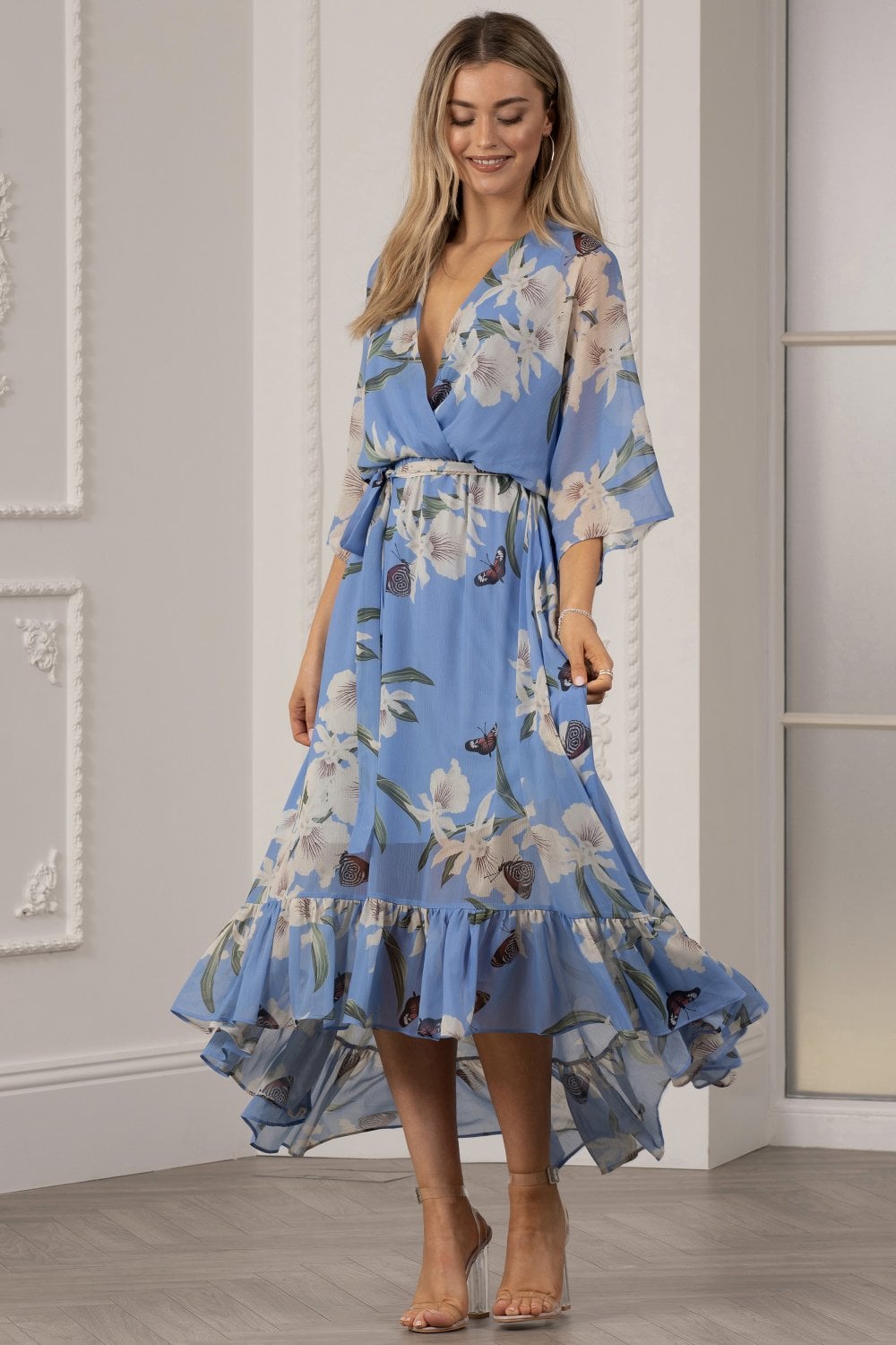 Light Blue Floral Kimono Sleeves Dip Hem Wrap Midi Dress