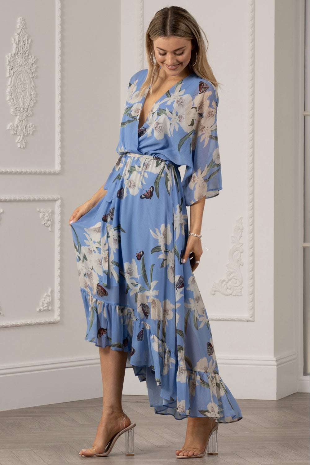 Light Blue Floral Kimono Sleeves Dip Hem Wrap Midi Dress