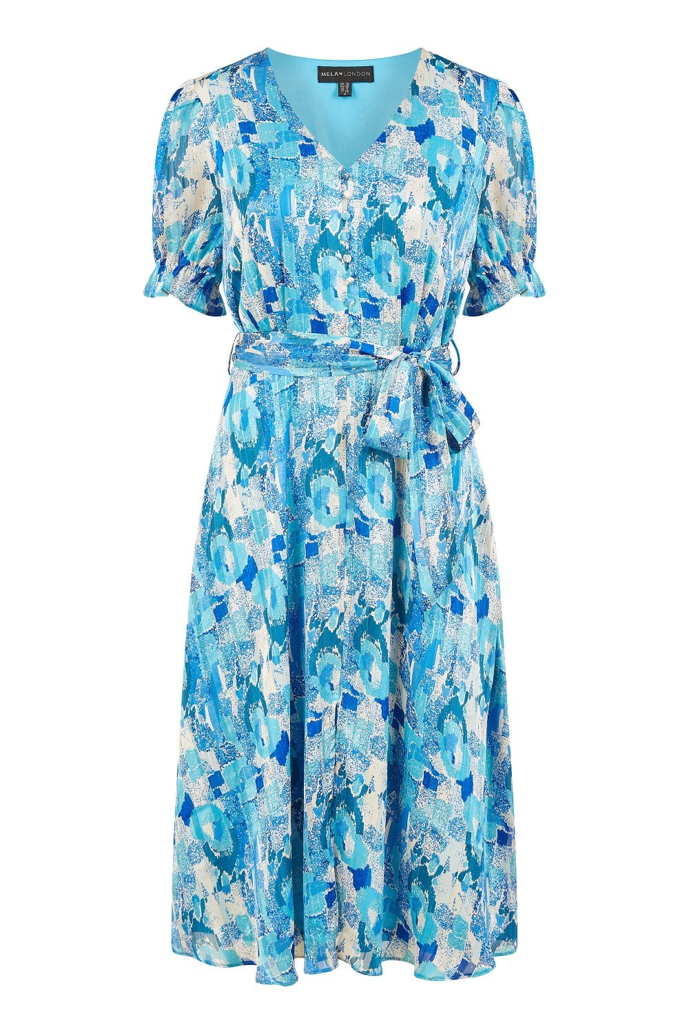 Mela Blue Abstract Print Tea Dress With Pleats And Front Split