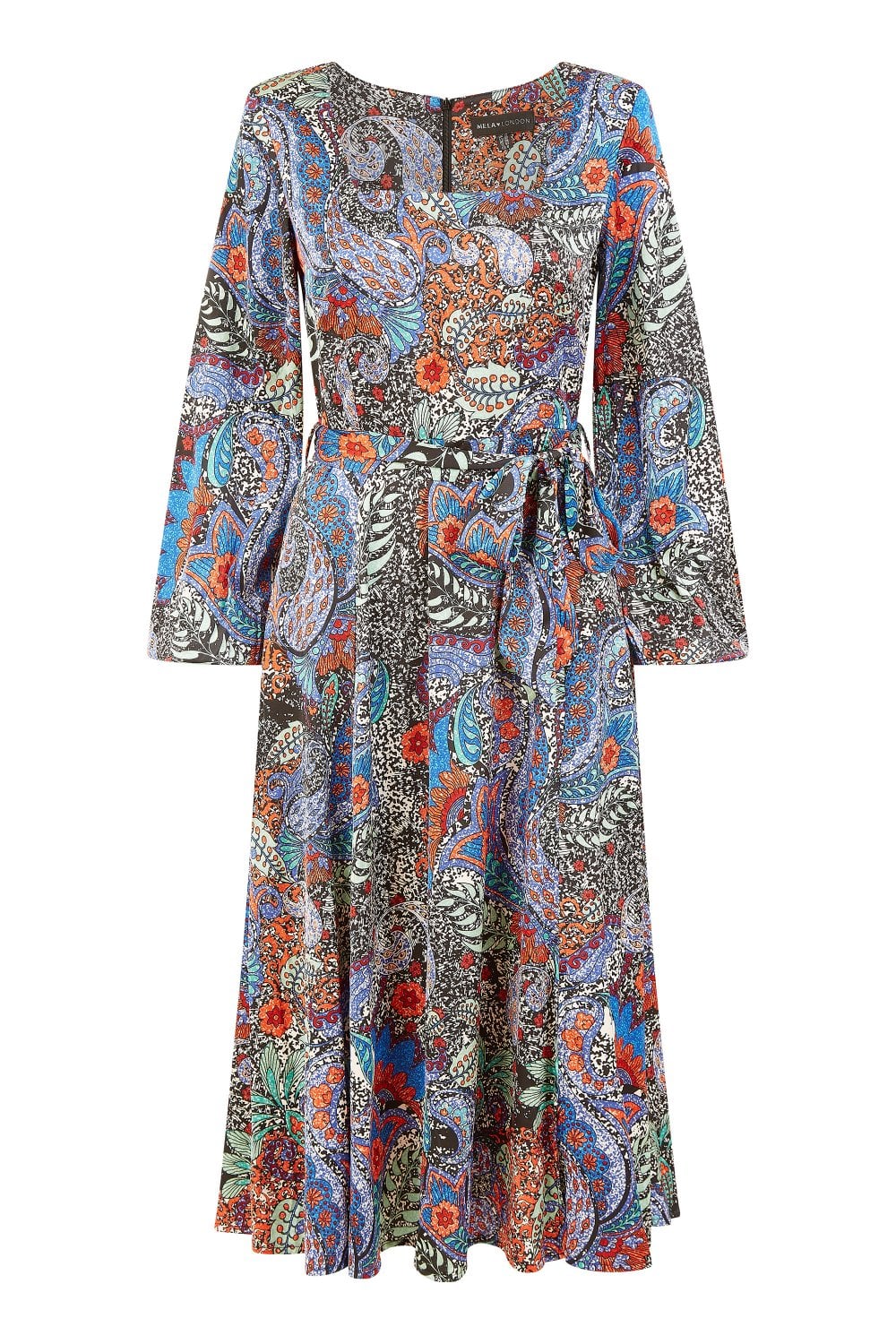 Mela Blue Paisley Print Long Sleeve Midi Dress
