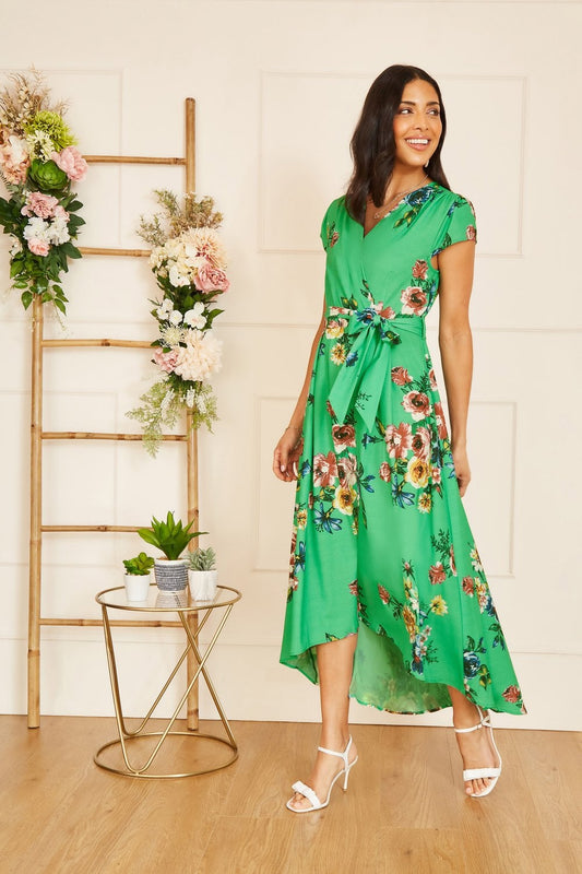 Mela Green Bright Floral Dip Hem Wrap Midi Dress