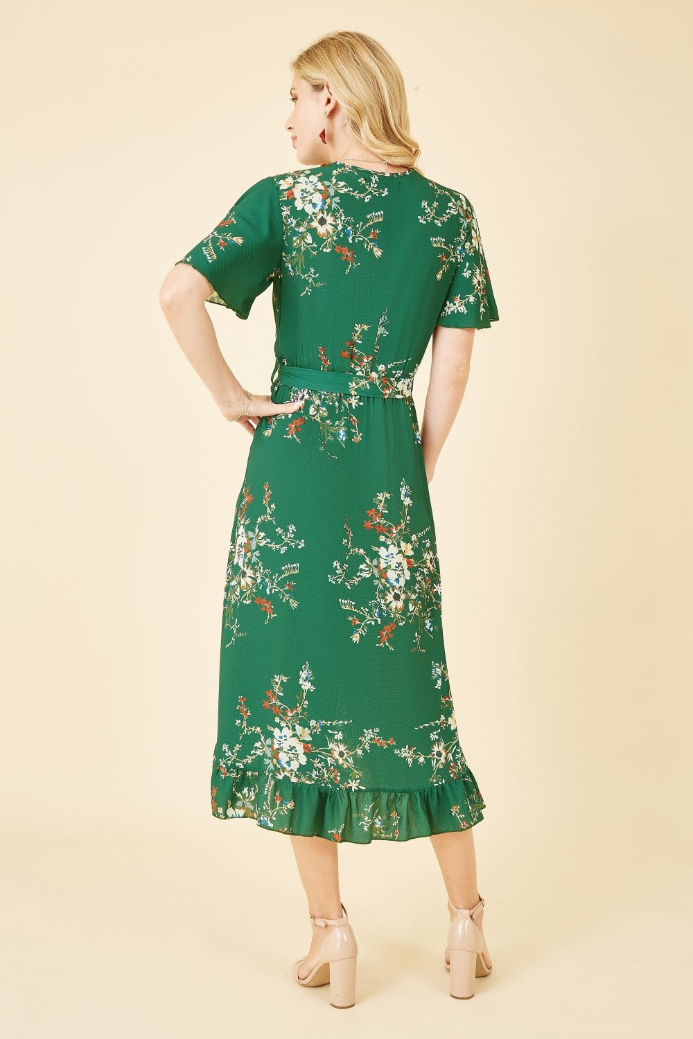 Mela Green Floral Dip Hem Wrap Midi Dress