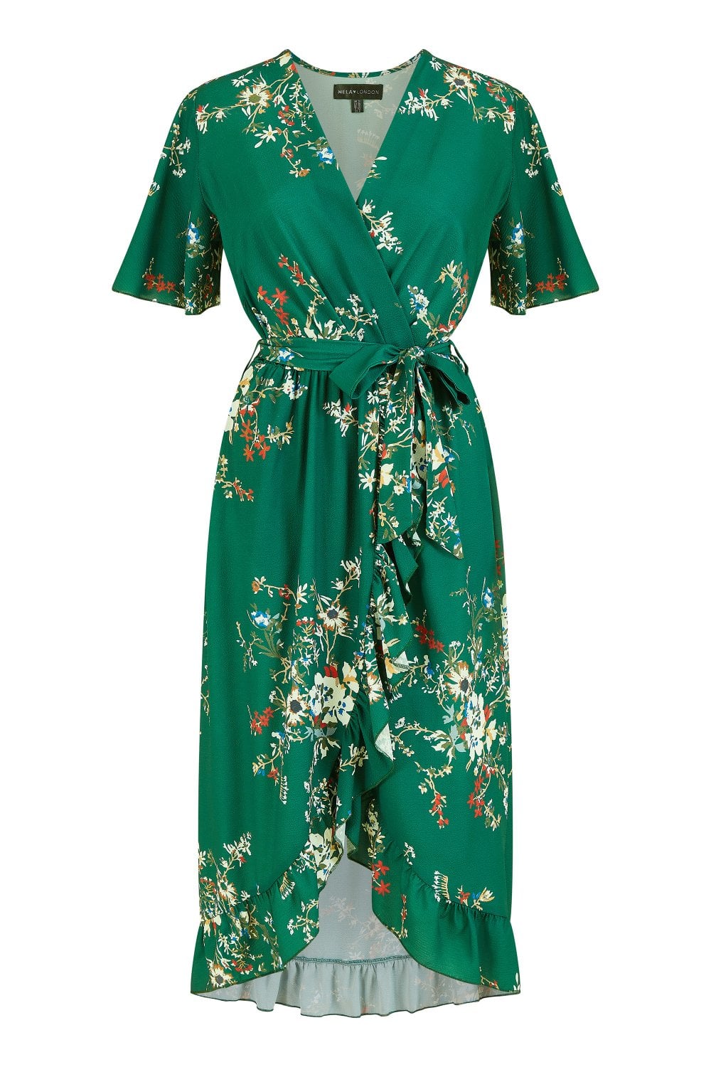 Mela Green Floral Dip Hem Wrap Midi Dress