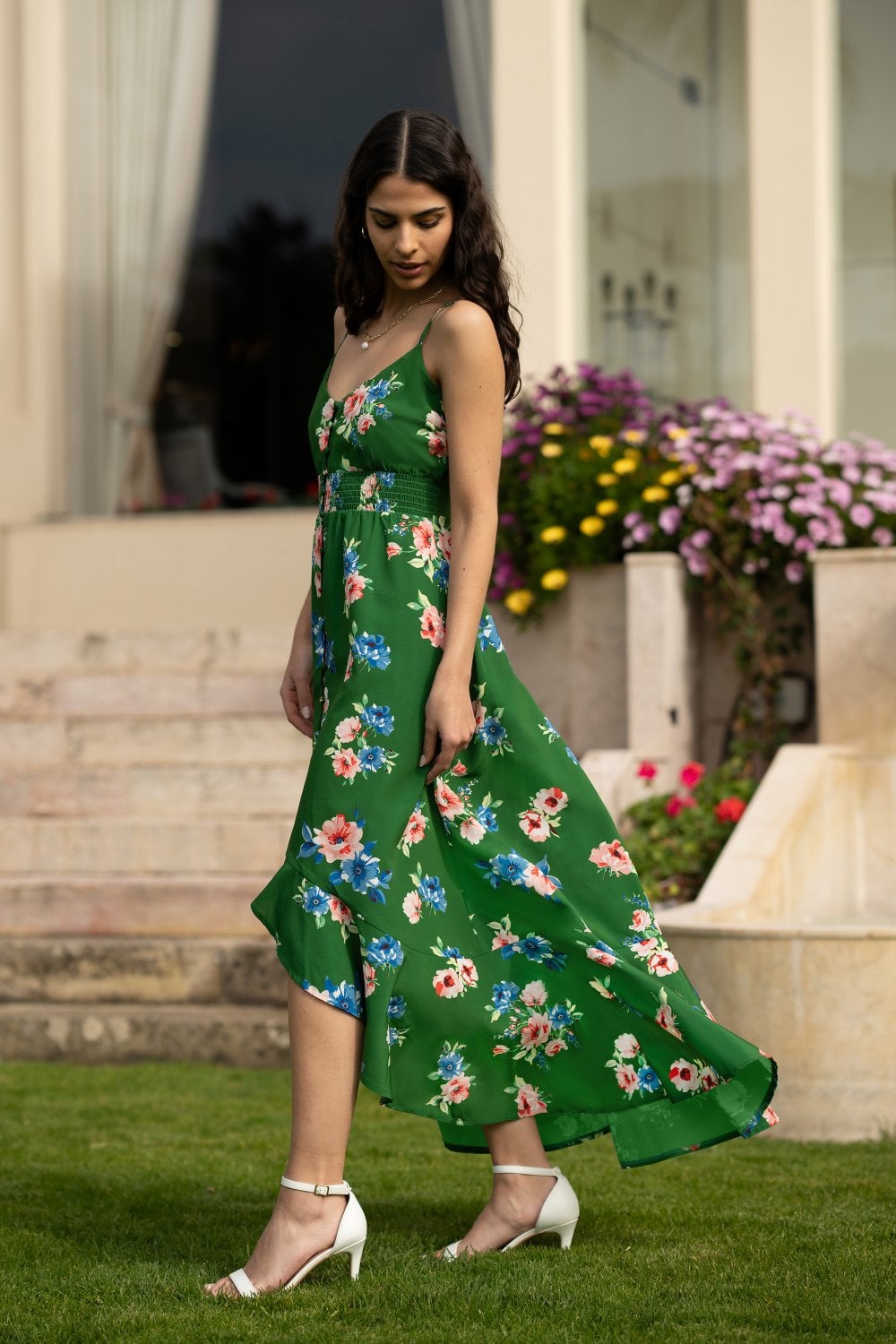 Mela Green Floral High Low Frill Midi Dress