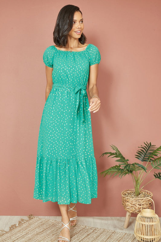 Mela Green Foil Print Bardot Midi Dress