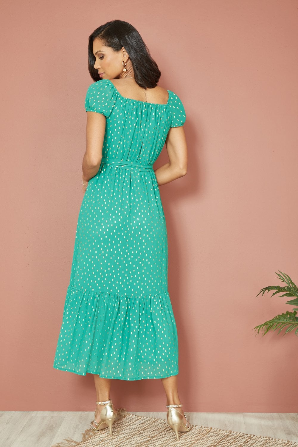 Mela Green Foil Print Bardot Midi Dress