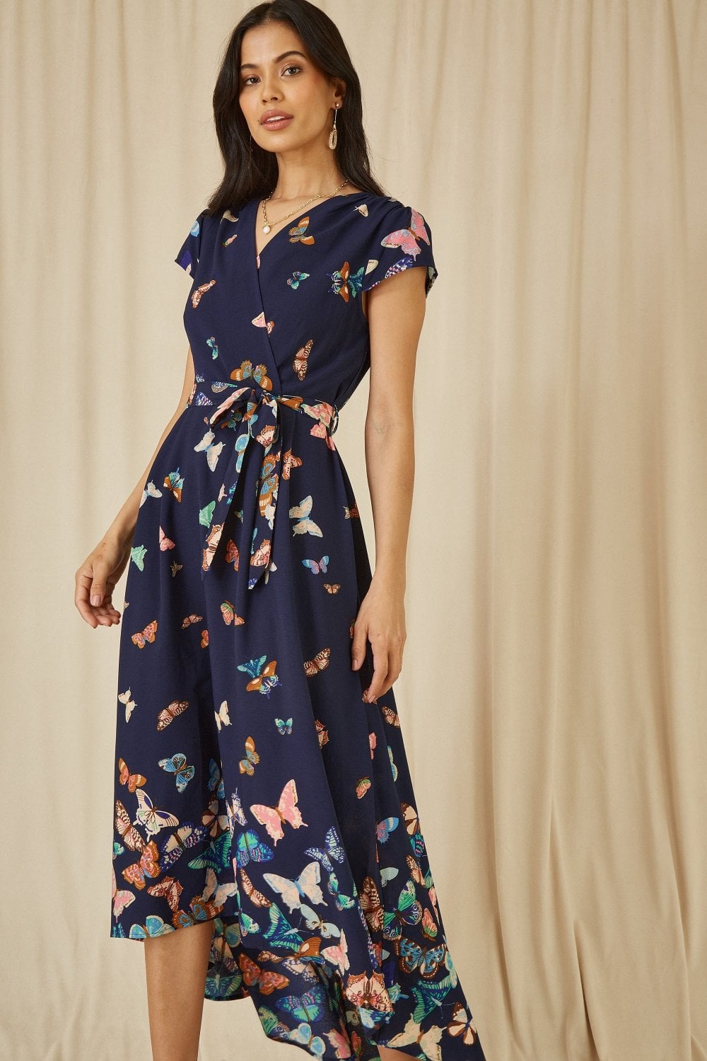 Mela Navy Butterfly Print Dip Hem Midi Wrap Dress