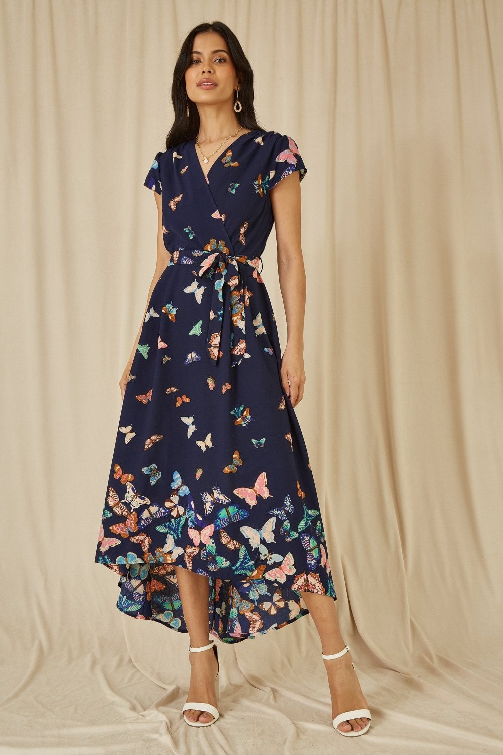 Mela Navy Butterfly Print Dip Hem Midi Wrap Dress
