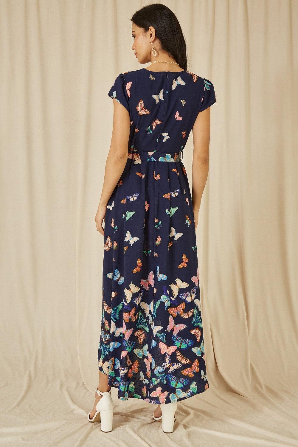 Mela Navy Butterfly Print Dip Hem Midi Wrap Dress