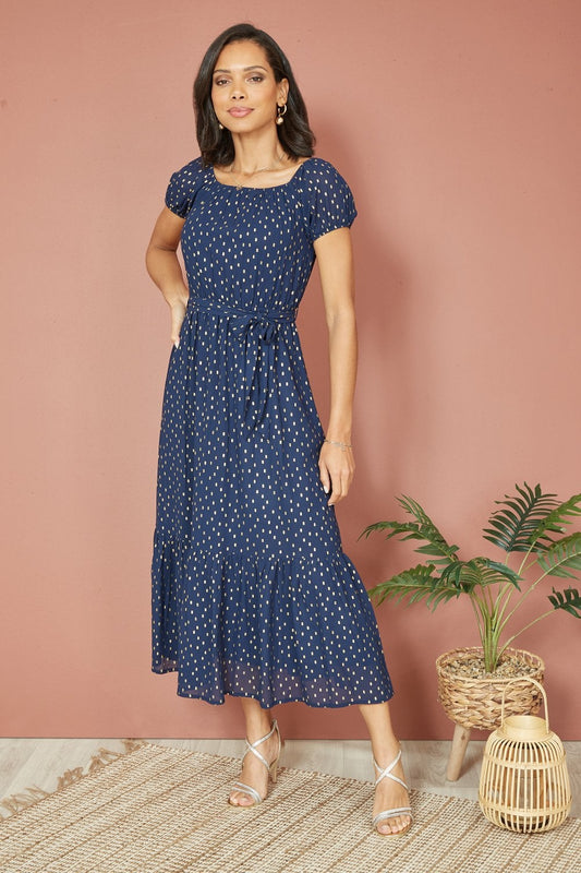 Mela Navy Foil Print Bardot Midi Dress