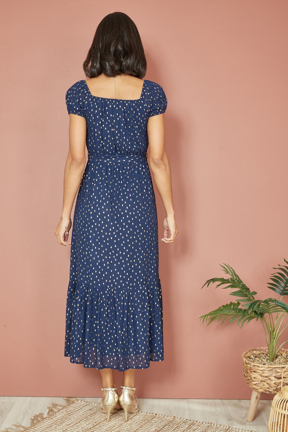 Mela Navy Foil Print Bardot Midi Dress