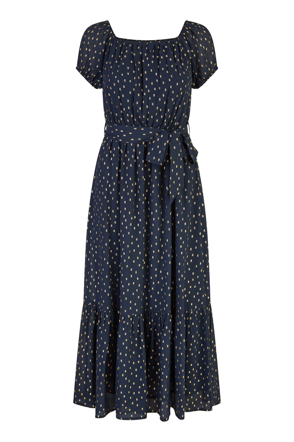 Mela Navy Foil Print Bardot Midi Dress