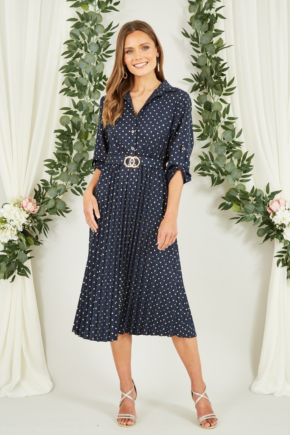 Mela Navy Spot Pleated Skirt Midi Dress With Gold Buckle