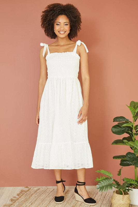Mela White Broderie Anglaise Ruched Midi Sundress With Tie Sleeves