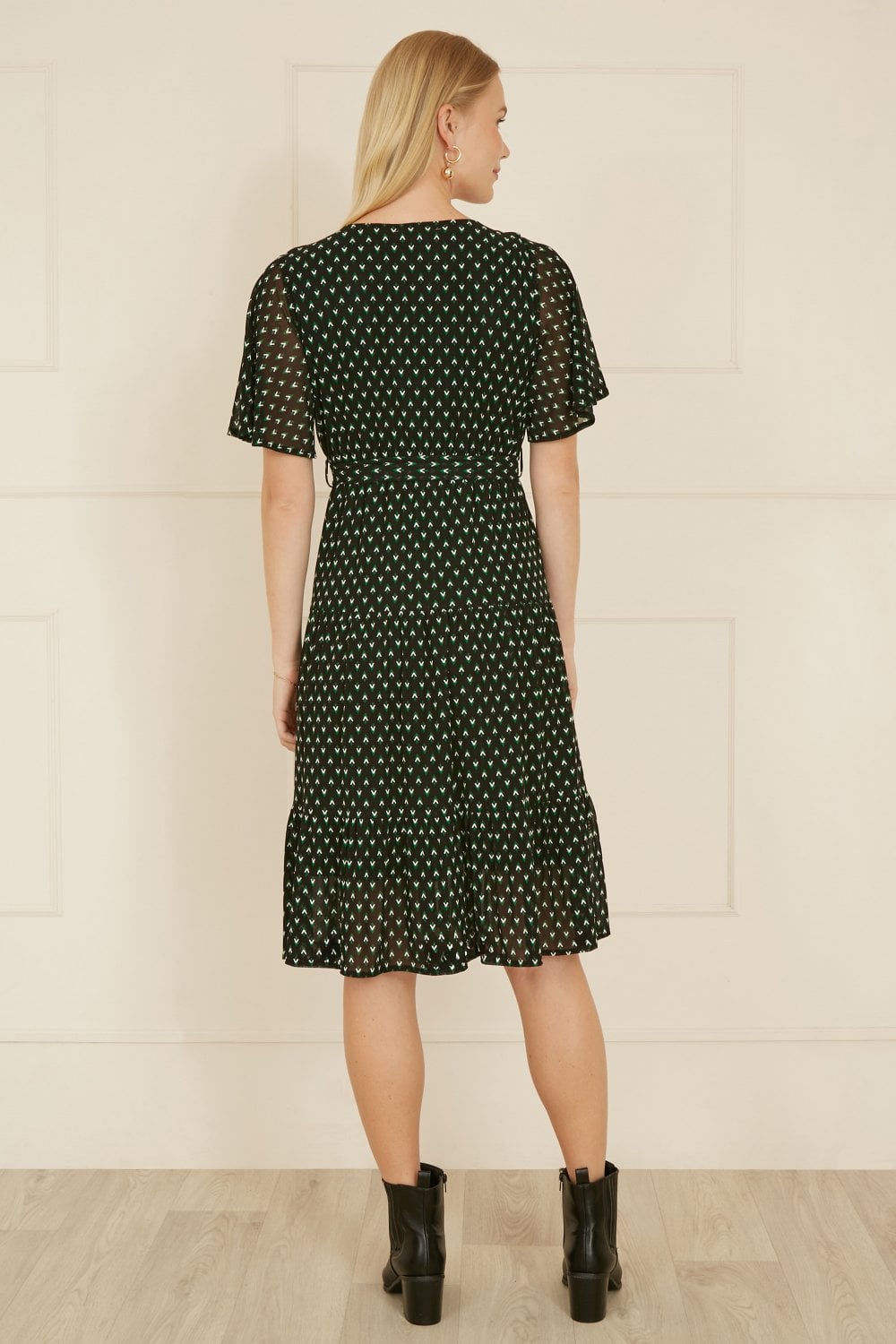 Yumi Black Dot Print Mesh Stretch Midi Skater Dress