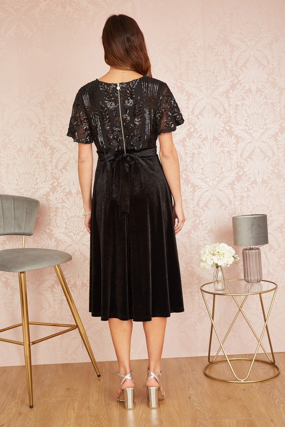 Yumi Black Embellished Velvet Wrap Skater Midi Dress