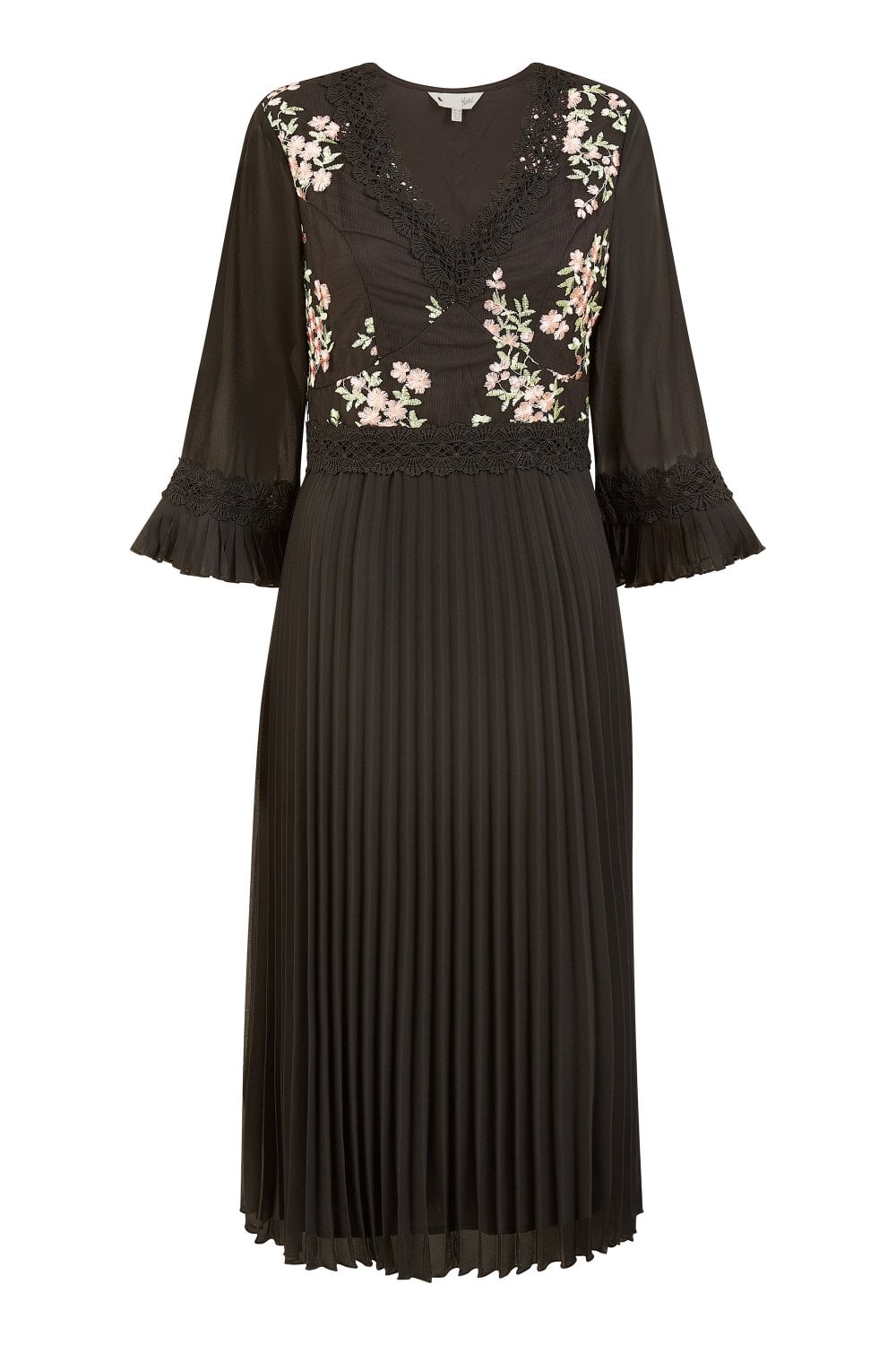 Yumi Black Embroidered Panel Midi Dress With Pleats