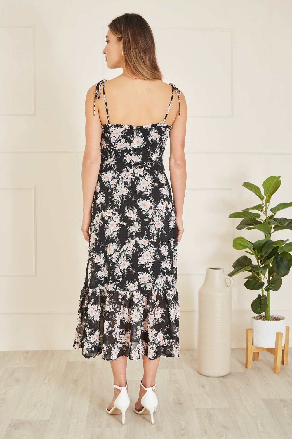 Yumi Black Floral Midi Sundress With Split Hem