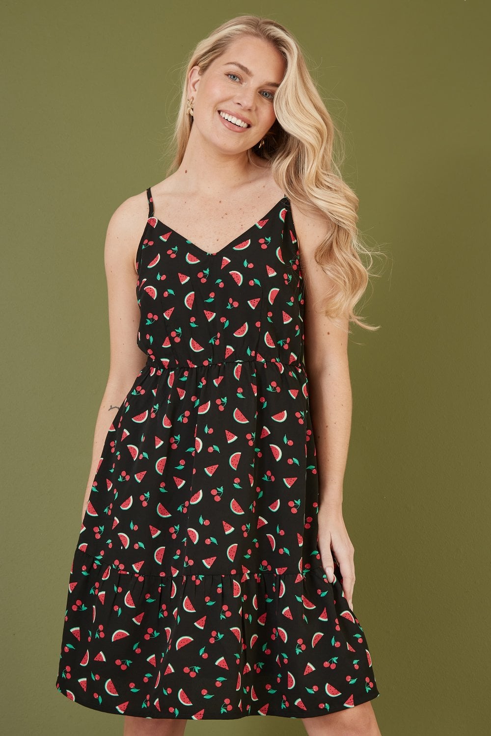 Yumi Black Recycled Fabric Watermelon Print Sundress