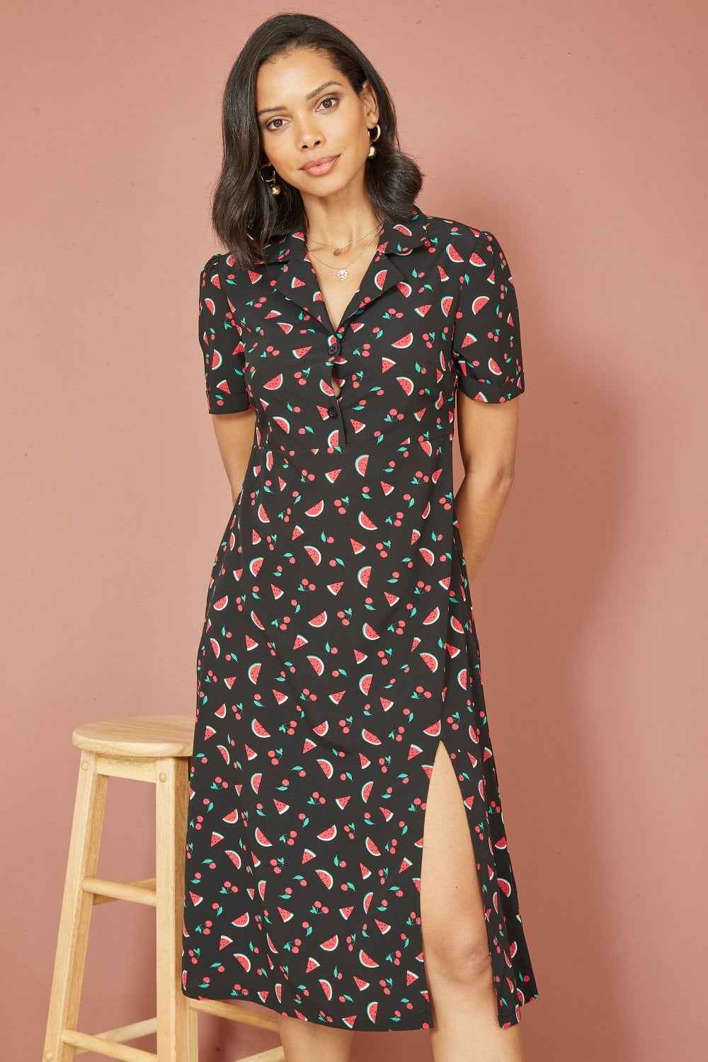 Yumi Black Recycled Watermelon Print Shirt Dress With Side Split