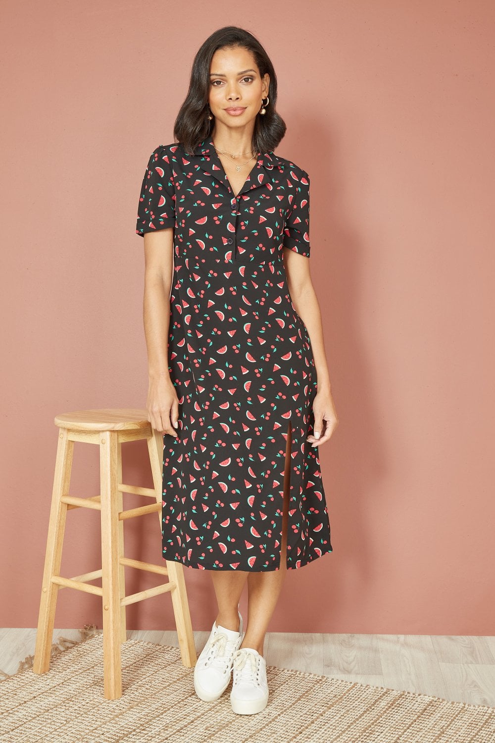 Yumi Black Recycled Watermelon Print Shirt Dress With Side Split