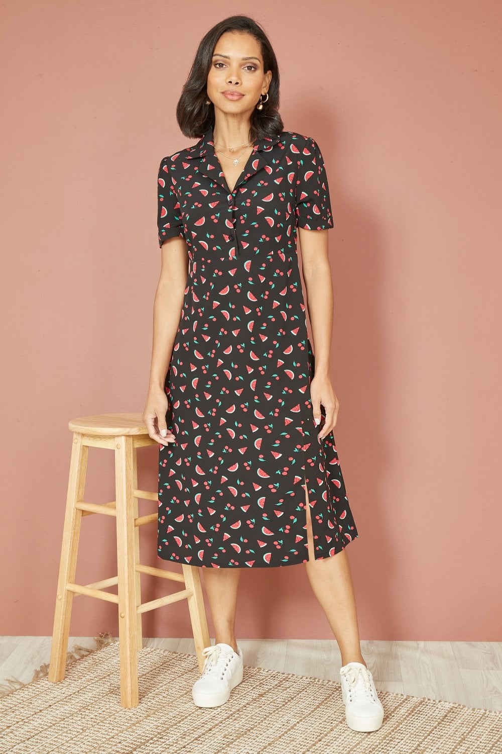 Yumi Black Recycled Watermelon Print Shirt Dress With Side Split