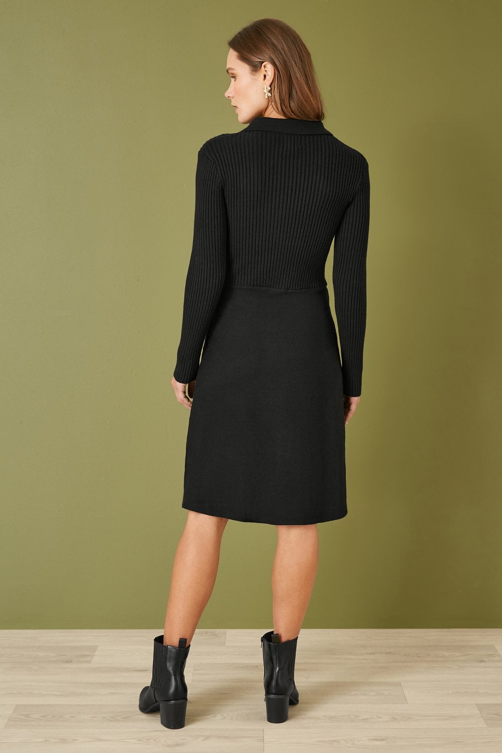 Yumi Black Rib Knit Midi Shirt Dress With Snaffle Belt