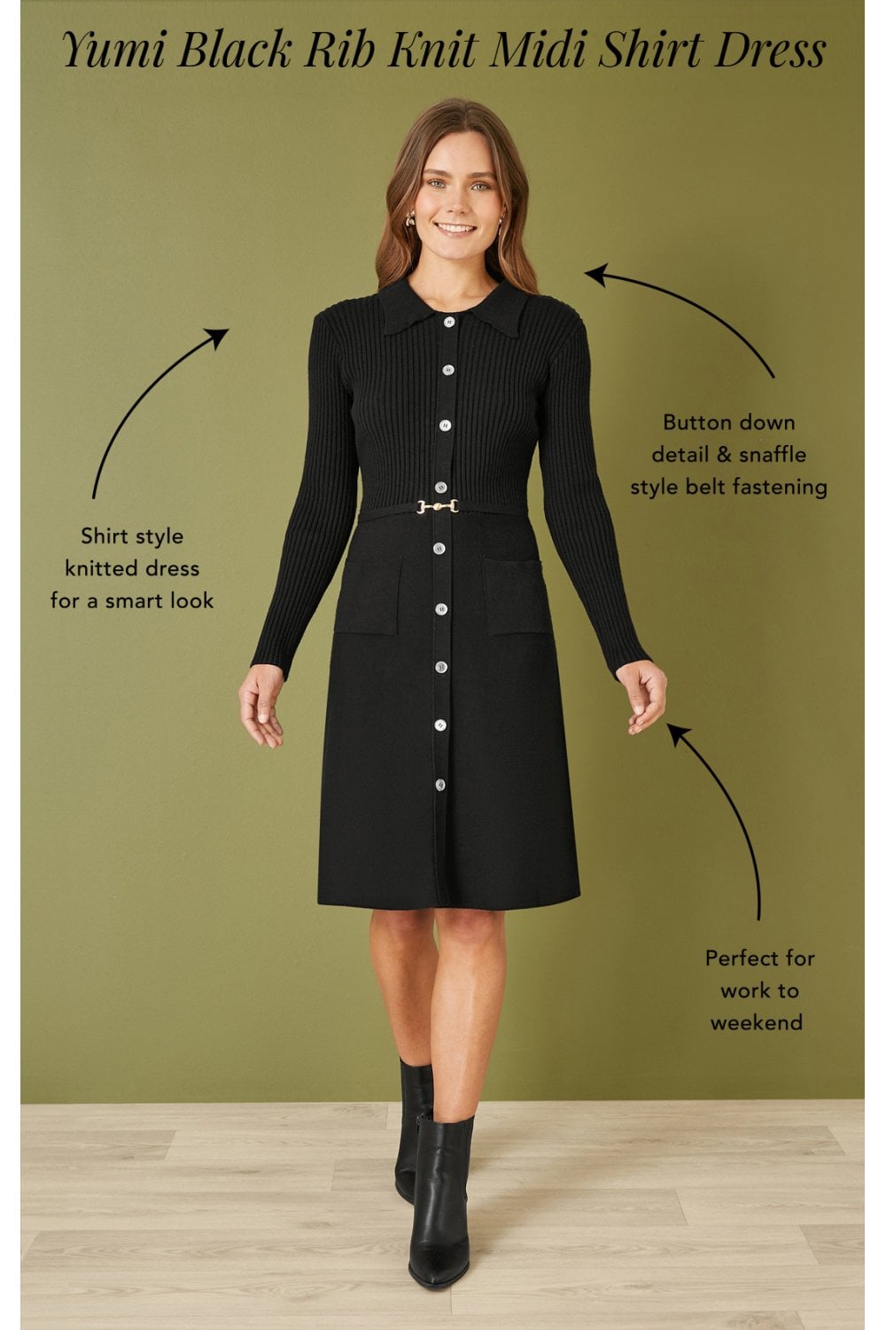 Yumi Black Rib Knit Midi Shirt Dress With Snaffle Belt