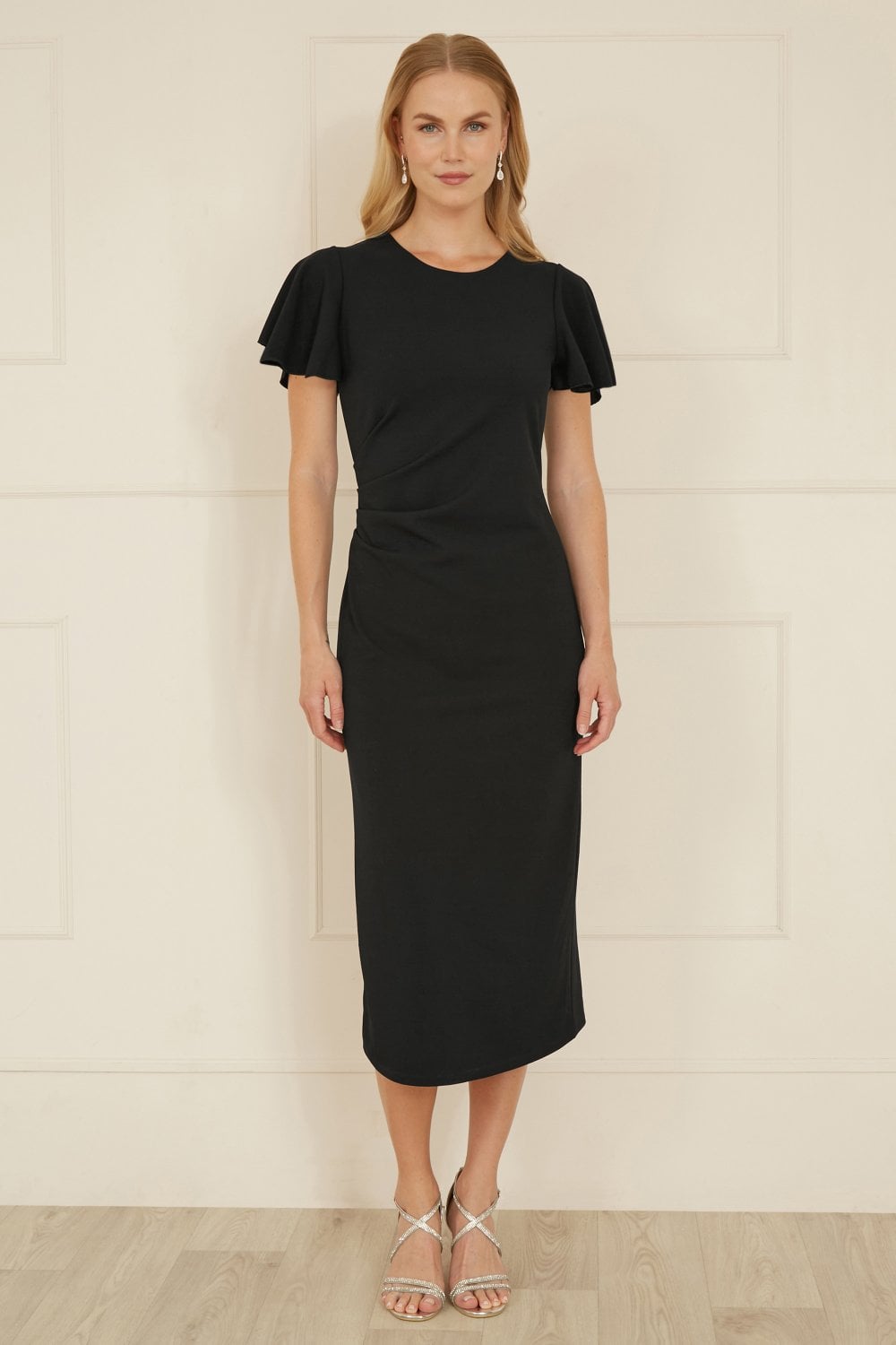 Yumi Black Ruched Waist Stretch Midi Dress
