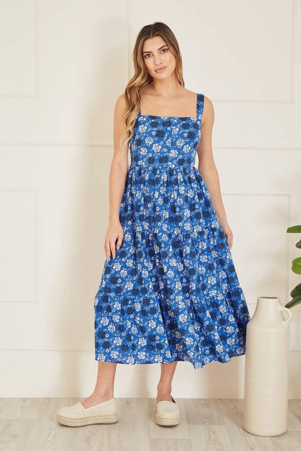 Yumi Blue Cotton Voile Floral Strappy Midi Sun Dress