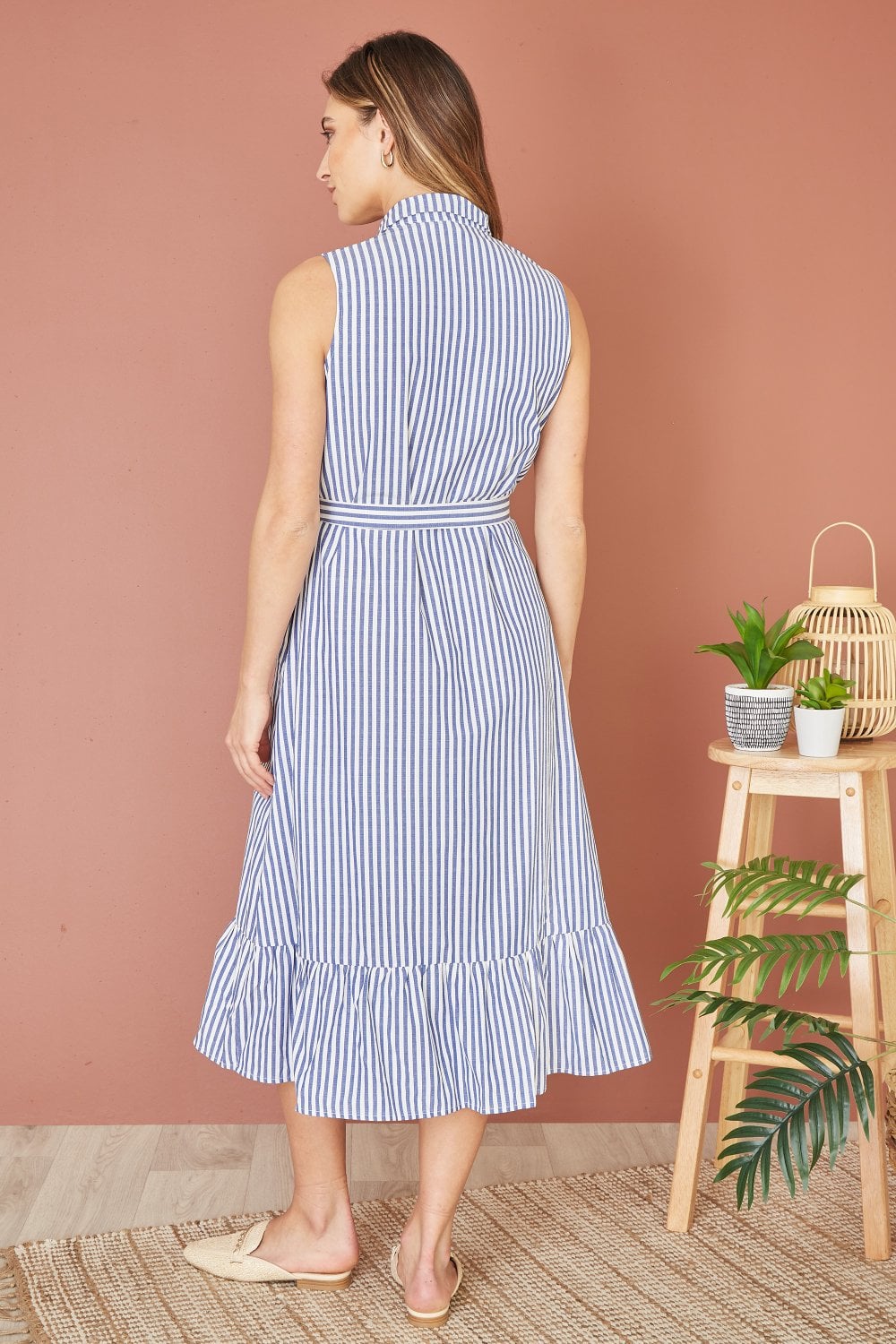Yumi Blue Striped Sleeveless Midi Shirt Dress