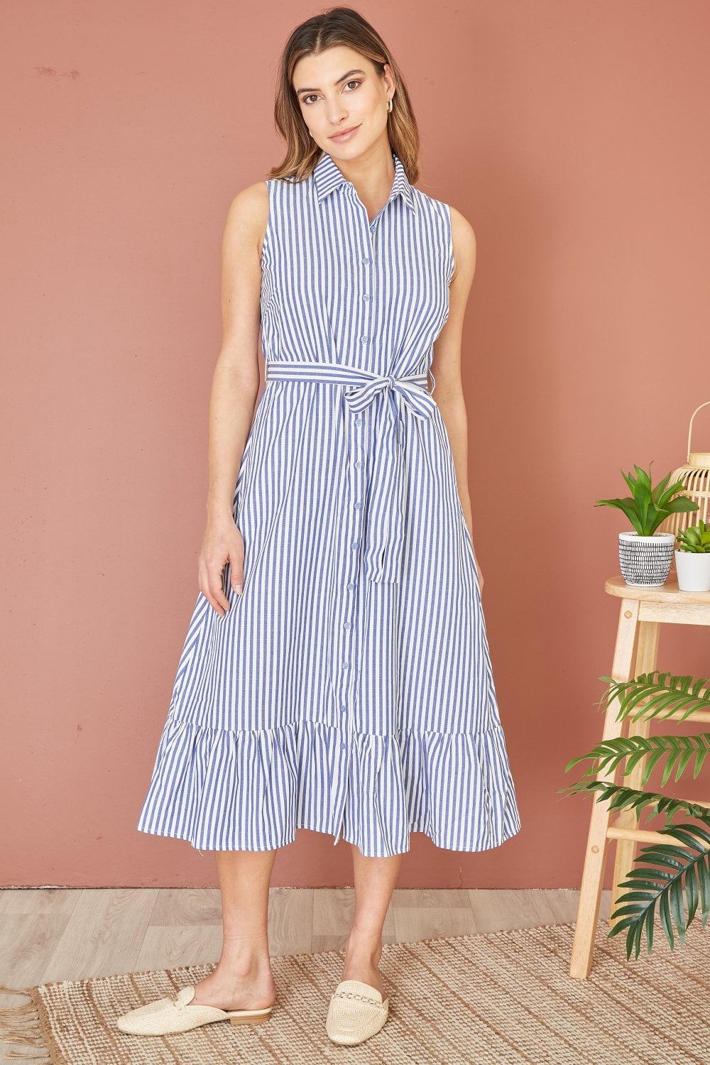 Yumi Blue Striped Sleeveless Midi Shirt Dress