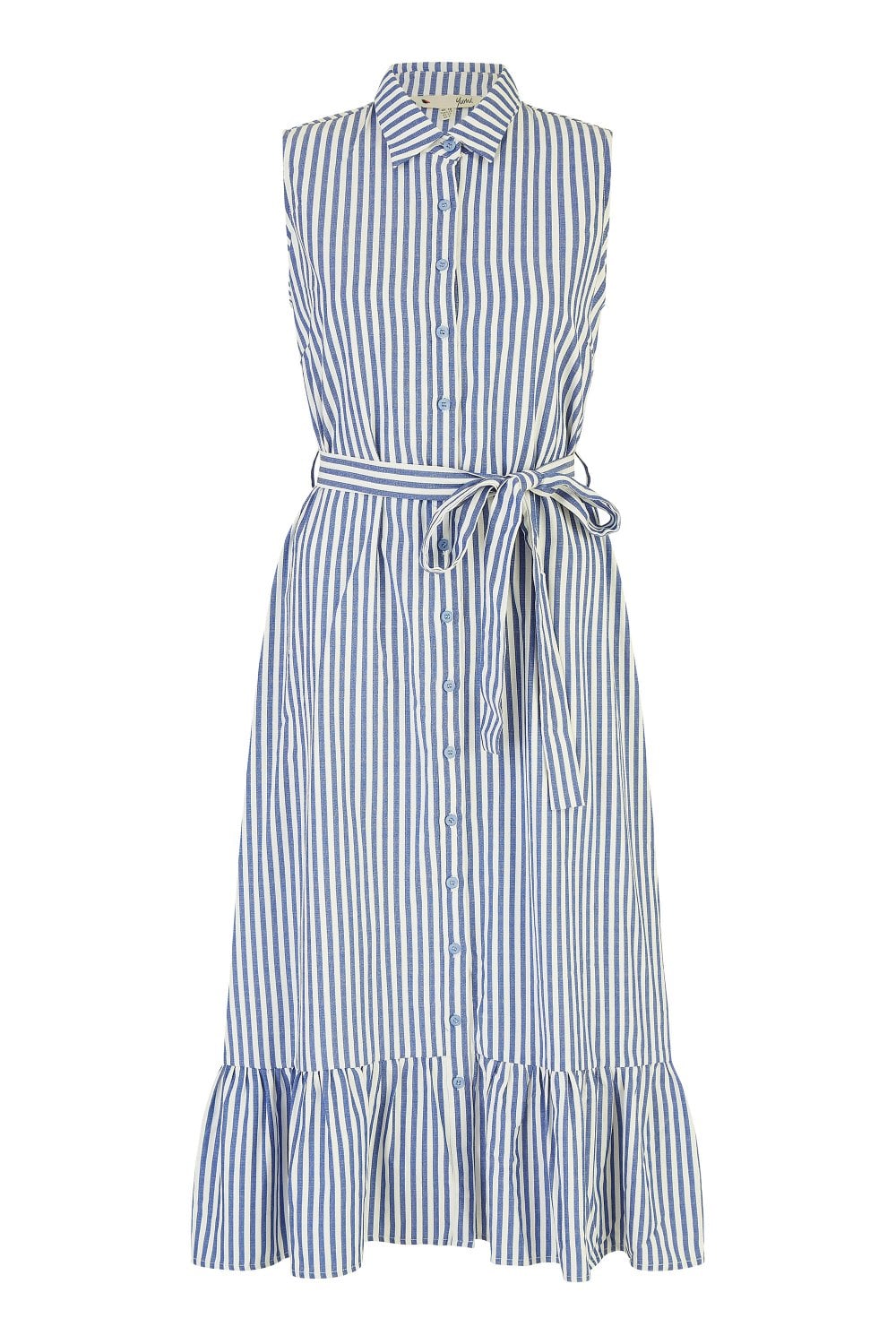 Yumi Blue Striped Sleeveless Midi Shirt Dress